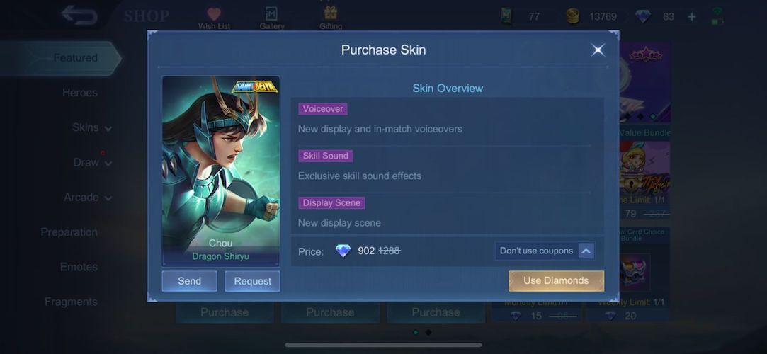 Harga dan Cara Mendapatkan Skin Chou Dragon Shiryu Mobile Legends (ML)